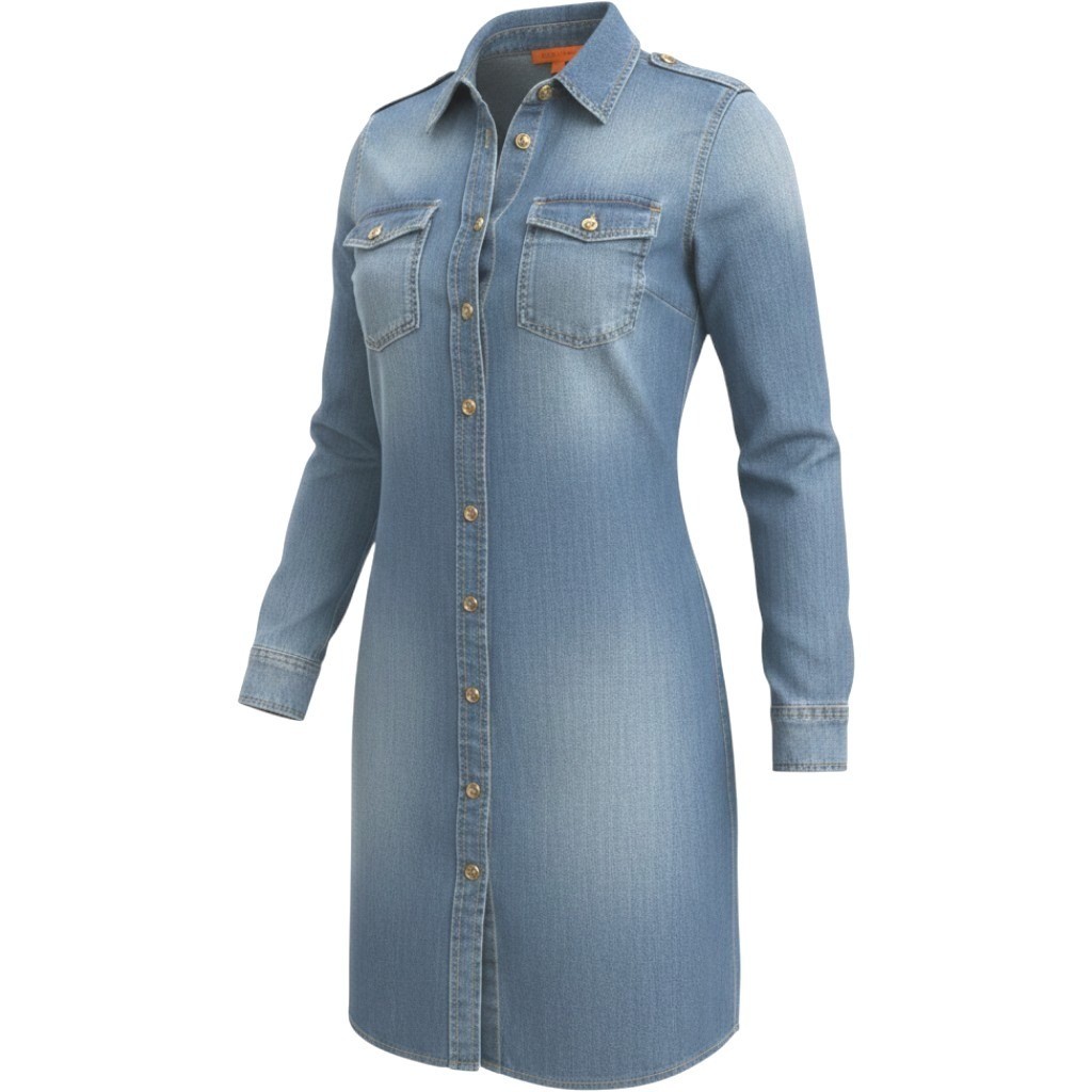 Tory Burch Shirt Dress Womens 6 Blue Chambray Gold Logo Button Military Utility