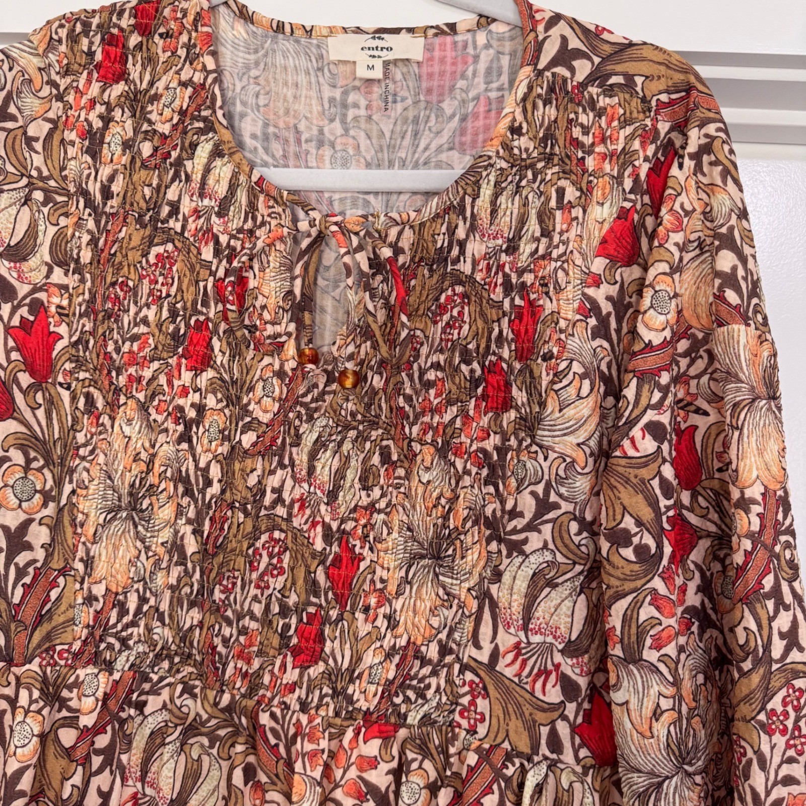 Entro Floral Smocked Mini Dress Long Sleeve Boho Tan Red Brown D21560 Womens M