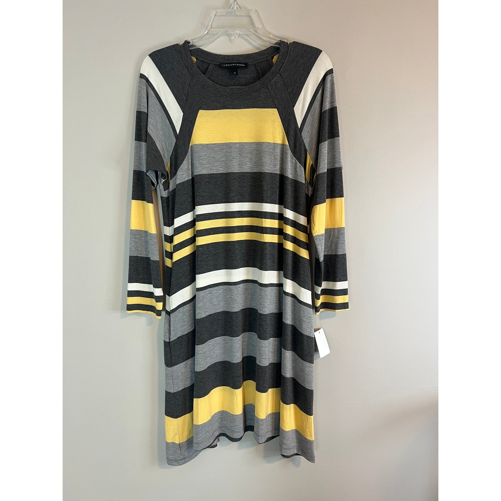 Chris McLaughlin Womens Striped Long Sleeve Knit Dress Gray Yellow Size 10 NEW