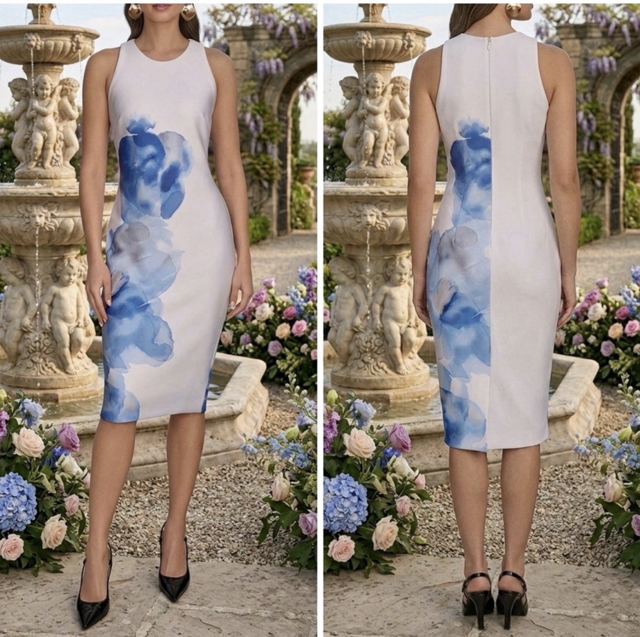 Donna Karan New York White/Blue Floral Sleeveless Sheath Knee knee Dress 4