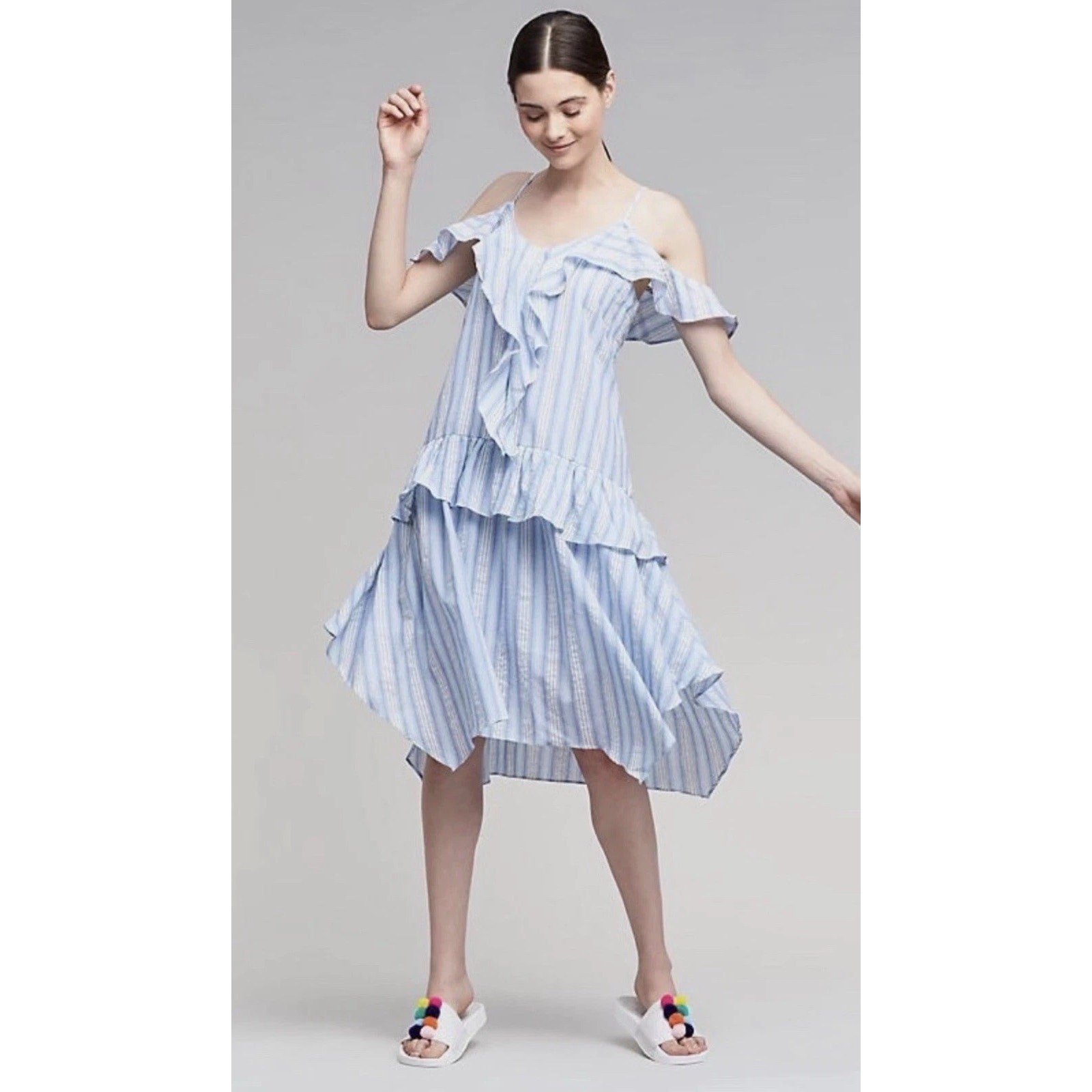 Moon River Anthropologie Eva Ruffle Blue White Striped Dress M Asymmetric Hem