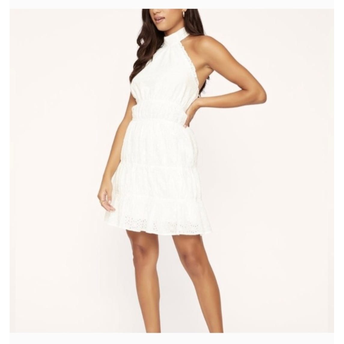 Lost + Wander White Eyelet Halter Mini Dress Smocked Tiered Women’s Size L