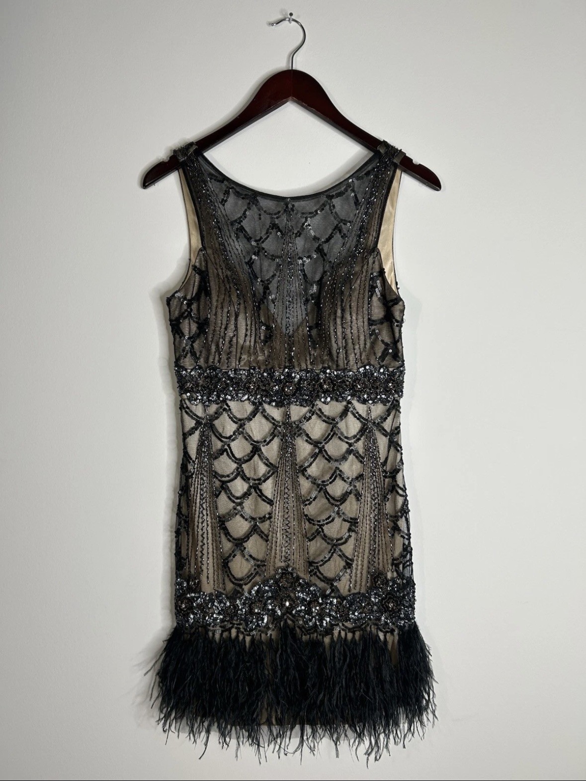 Sue Wong Dress Women’s 6 Black Sequin Beaded Feather Sleeveless Flapper Mini