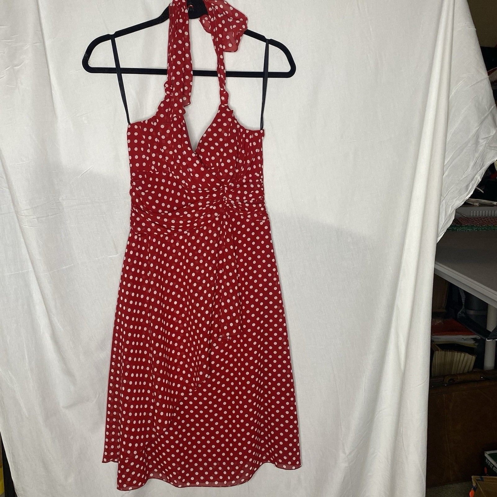 A Byer Polka Dot Halter Dress Womens 9 Surplice Faux Wrap Pinup Rockabilly Red