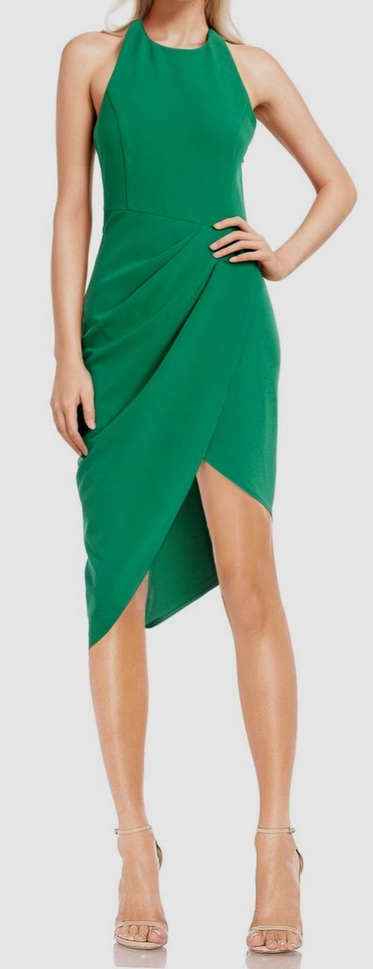Jewel Badgley Mischka Women’s Green Draped Halter Neck Asymmetric Dress Size 6