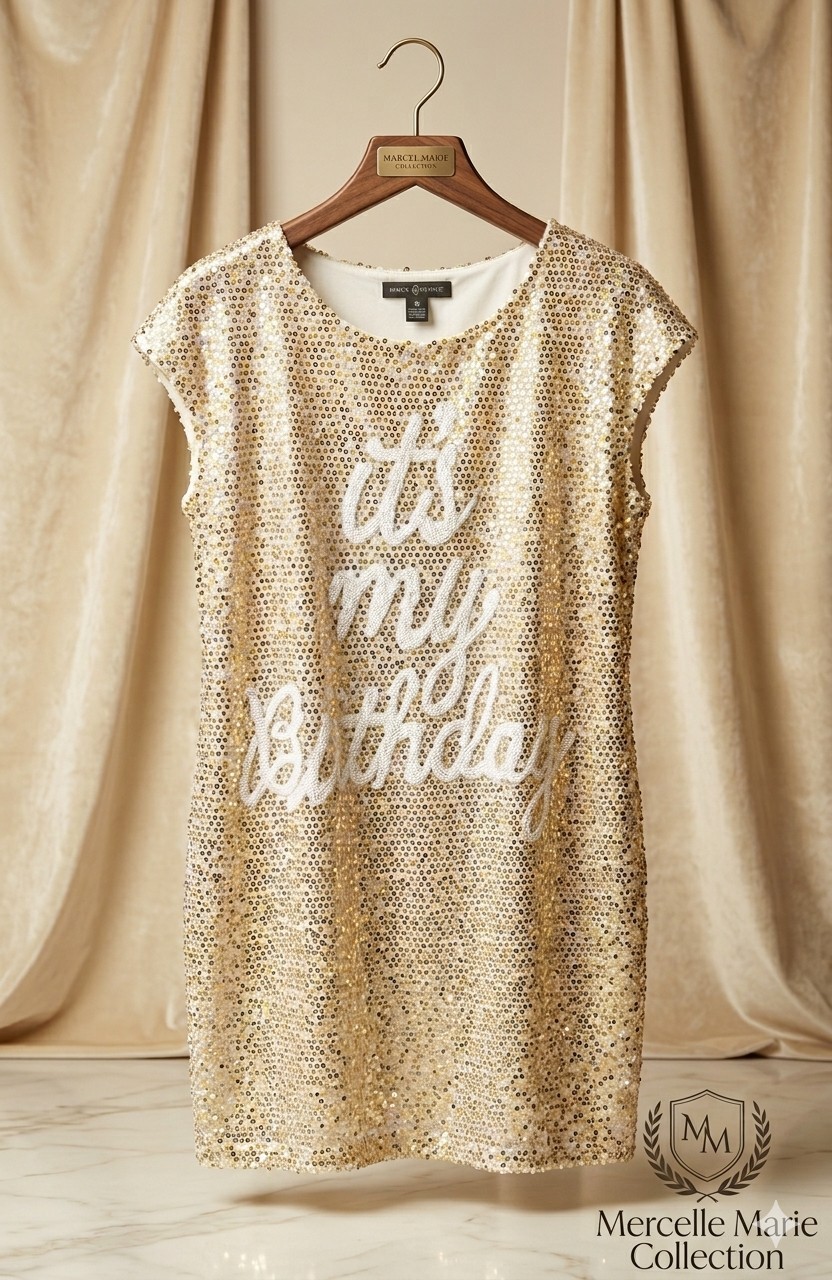 Mercelle Marie Collection Gold Sequin ‘It’s My Birthday’ Shift Dress S