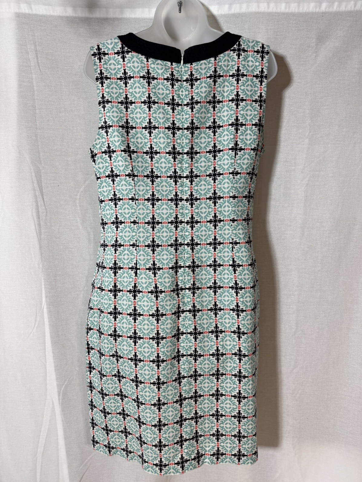 Talbots Linen Blend Sleeveless Shift Dress Geometric Teal Blue Womens Size 10
