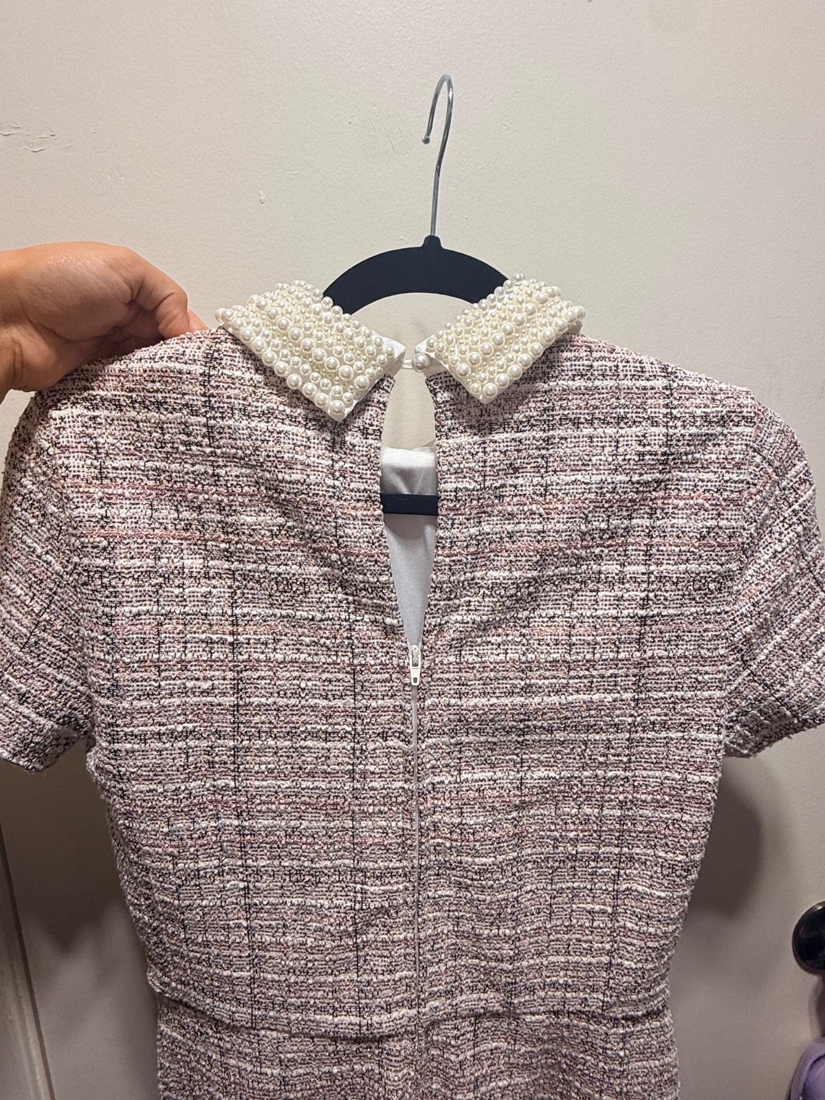 francesca’s Pink/White Plaid Tweed Pearl Collar Shift Mini Dress Short Sleeve L