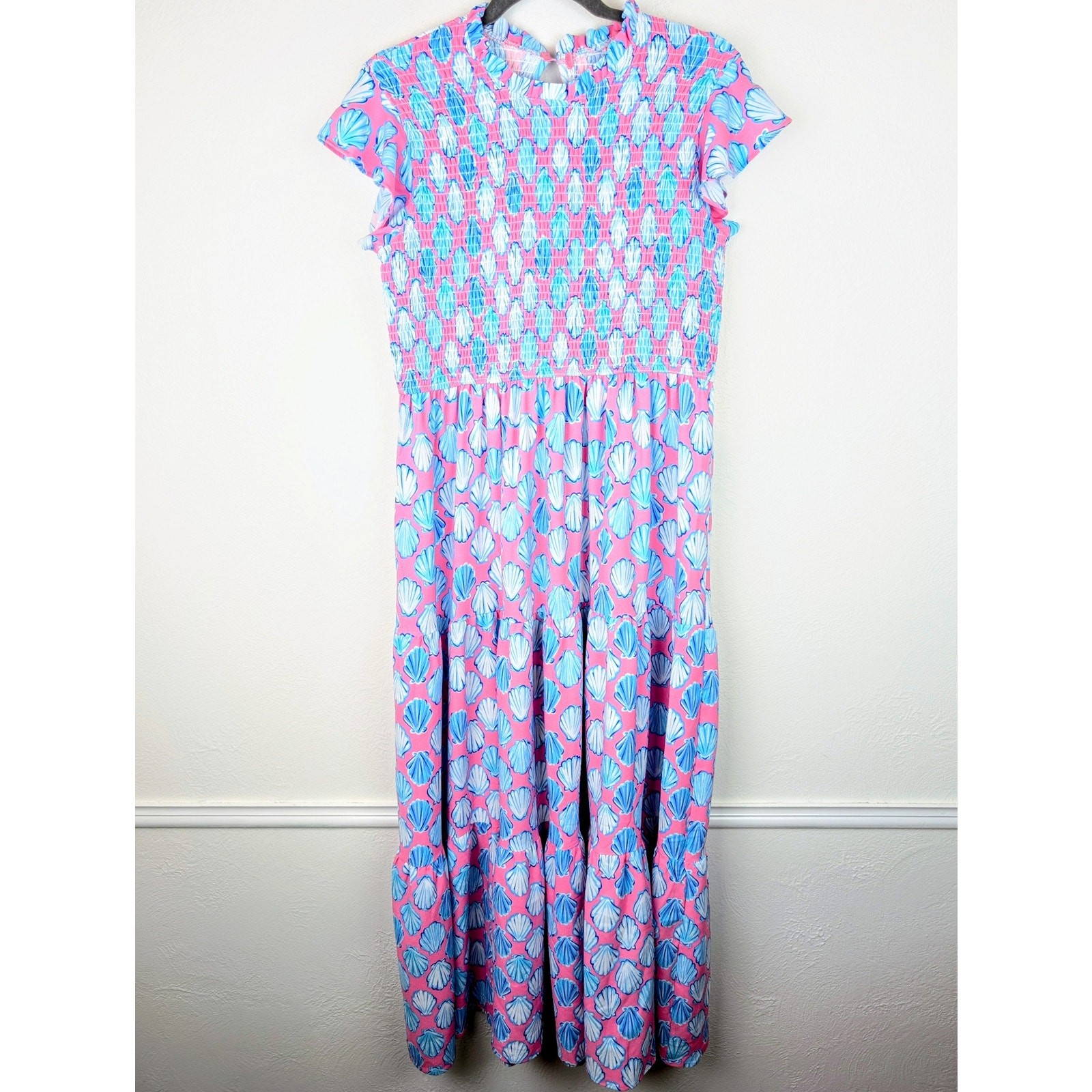 Simply Southern Dress Maxi Shell Novelty Tiered Preppy Beach Pink Blue Size L