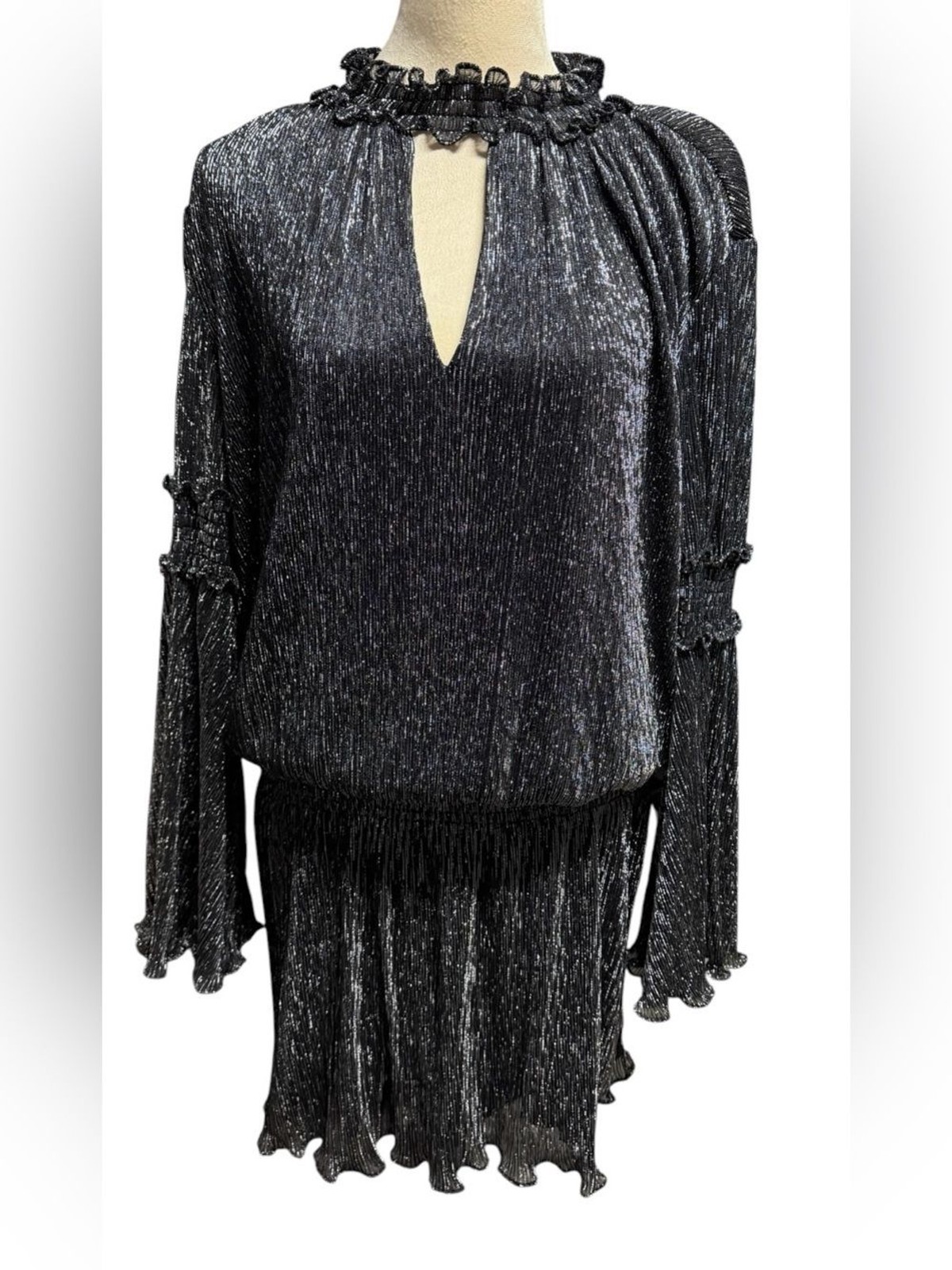 Parker New York Metallic Pleated br Ruffle Mini Dress Black Silver Size XL NWT
