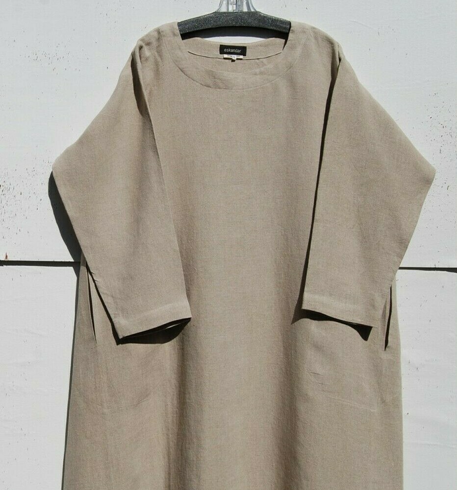 Eskandar Size (1) NATURAL Medium Weight Linen 52″ Long Imperial Dress w/Pockets