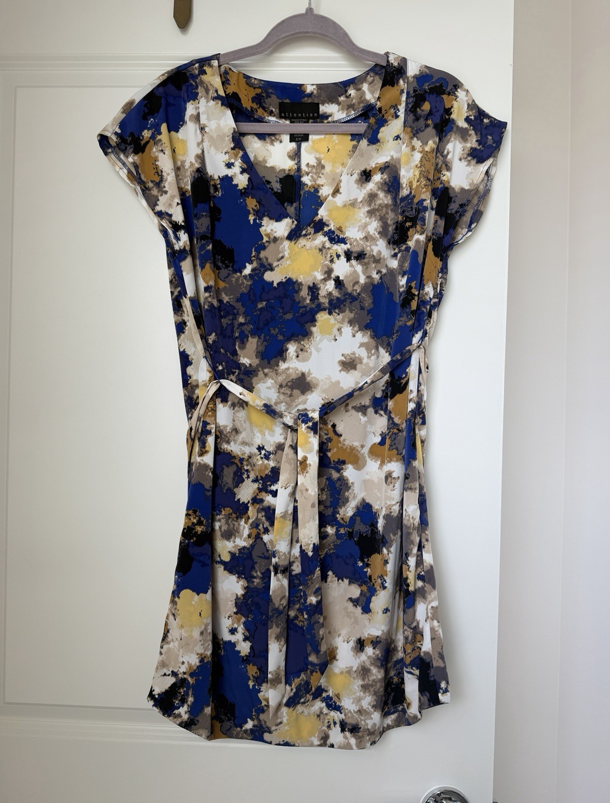 Attention Brand Women’s Size S Shift Dress Abstract Blue/Brown/White Tie Belted