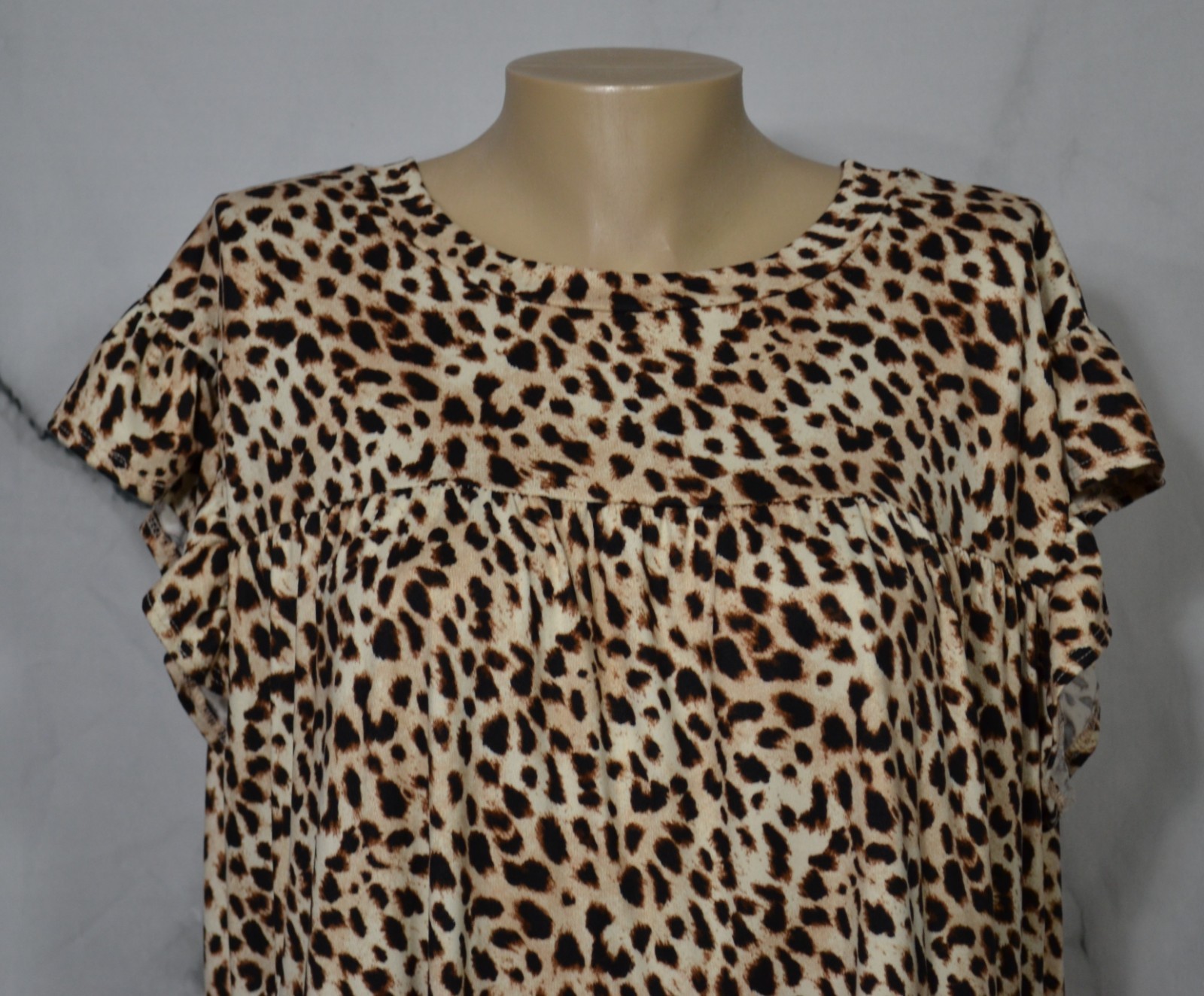 ENTRO Tan Brown Black Leopard Print Mock Neck Ruffle Sleeve Tiered Dress Large