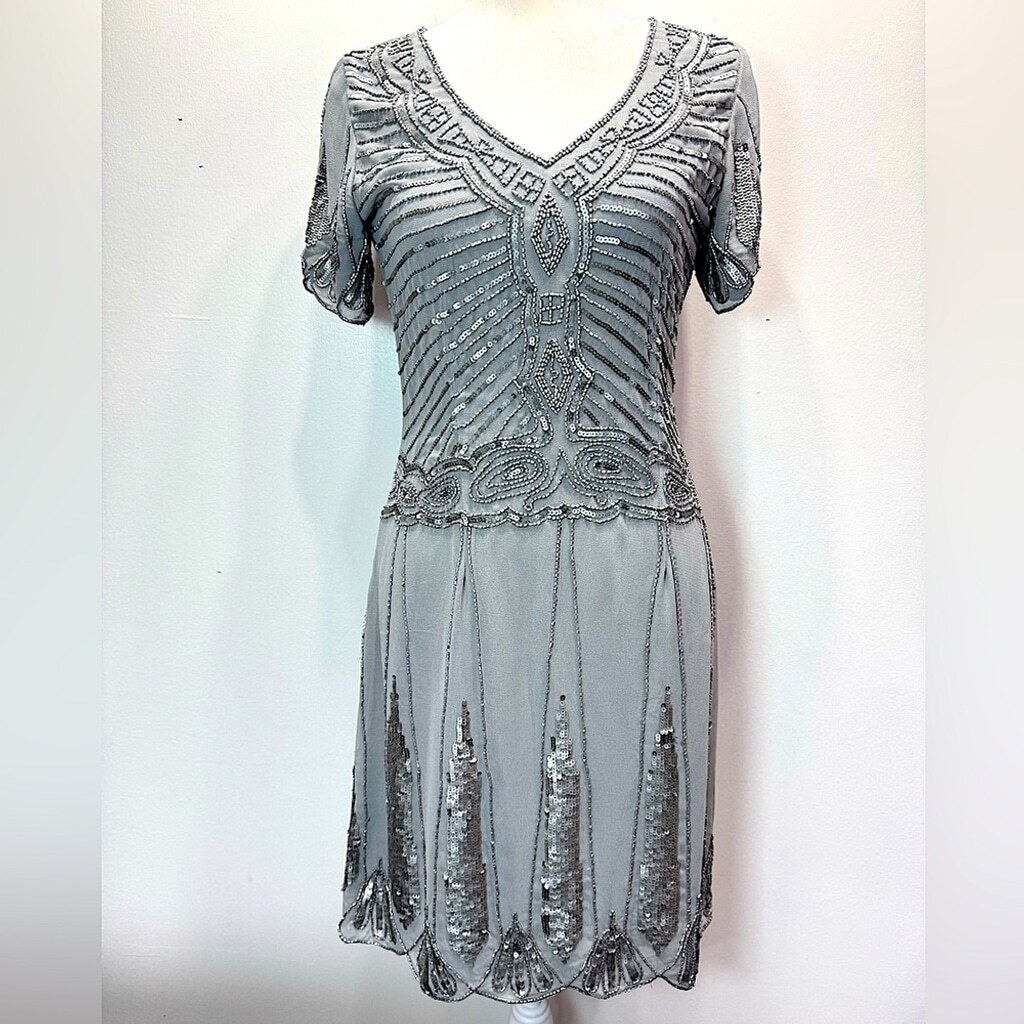 Cocktail Party Dress Silver Beaded Sequined Short Sleeve V Neck By Lace & Beads