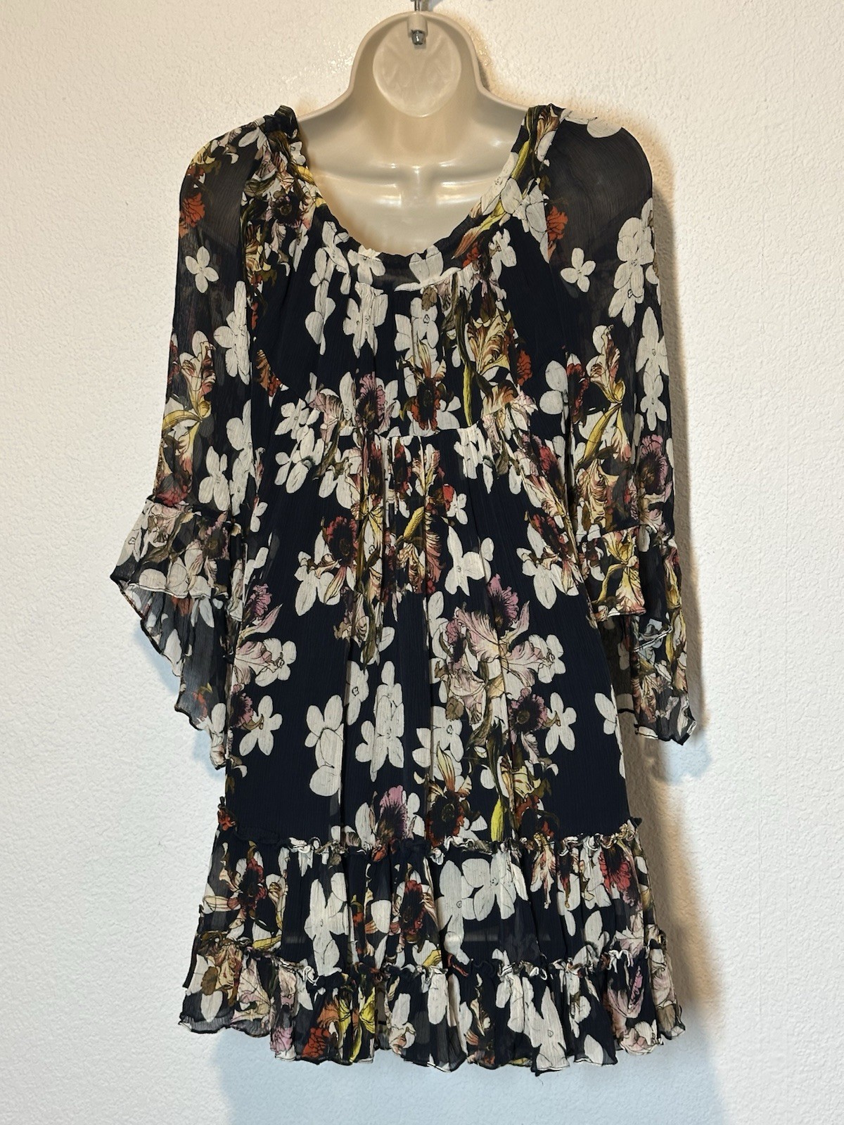 TRYB Anthropologie 100% Silk Mini Dress Navy Floral Tiered Romantic Boho Chic