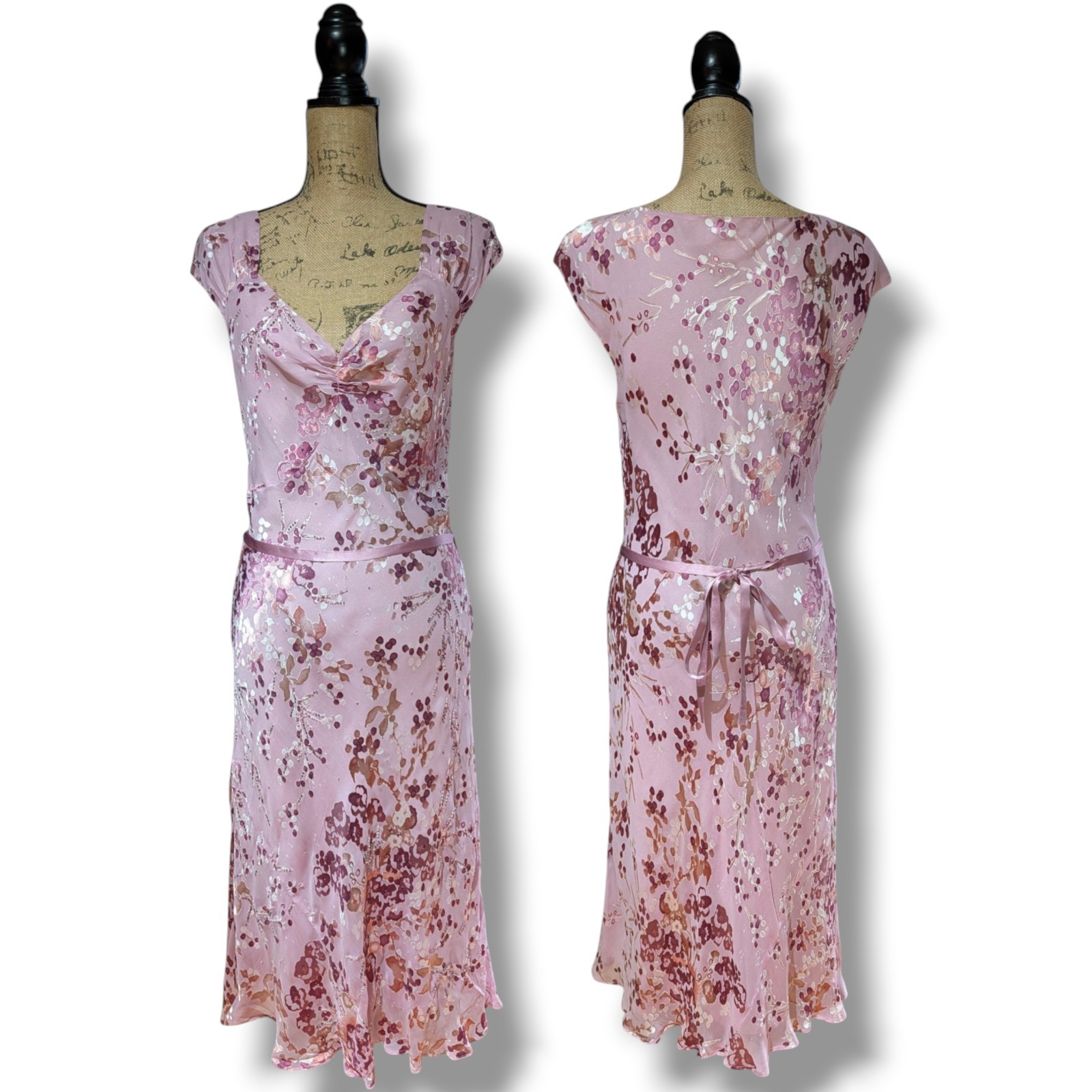 Vintage Monsoon Soft Pink Silk Blend Floral Sequin Midi Dress 90s Y2K Fairycore