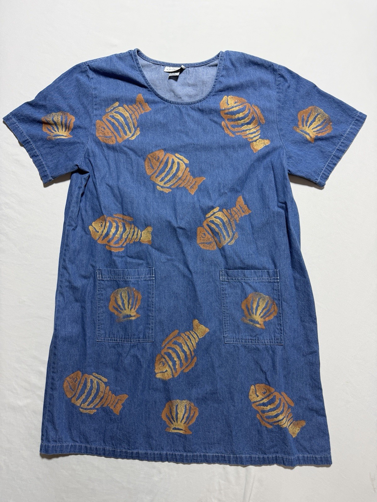 Match Point USA Vintage Denim Shift Dress XL Gold Fish Seashell Print Pockets