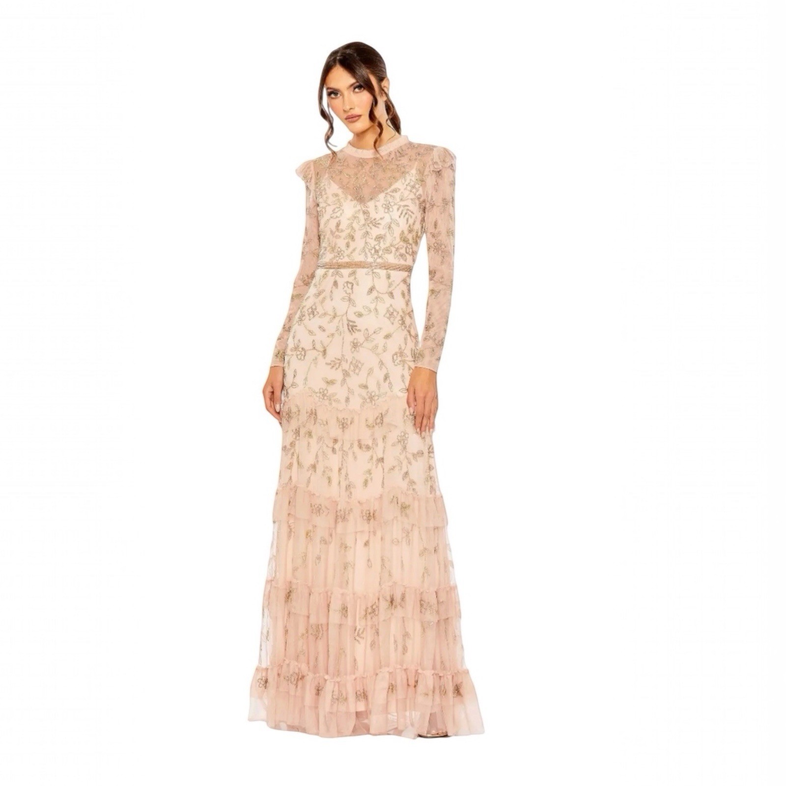 Mac Duggal 9237 Blush Hi Neck Embellished Tiered Gown Size 14 $698