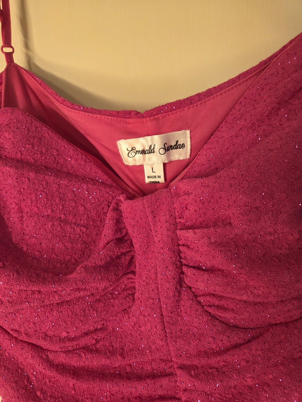 Emerald Sundae Pink Glitter Sweetheart Cold Shoulder Ruched Bodycon Knee L