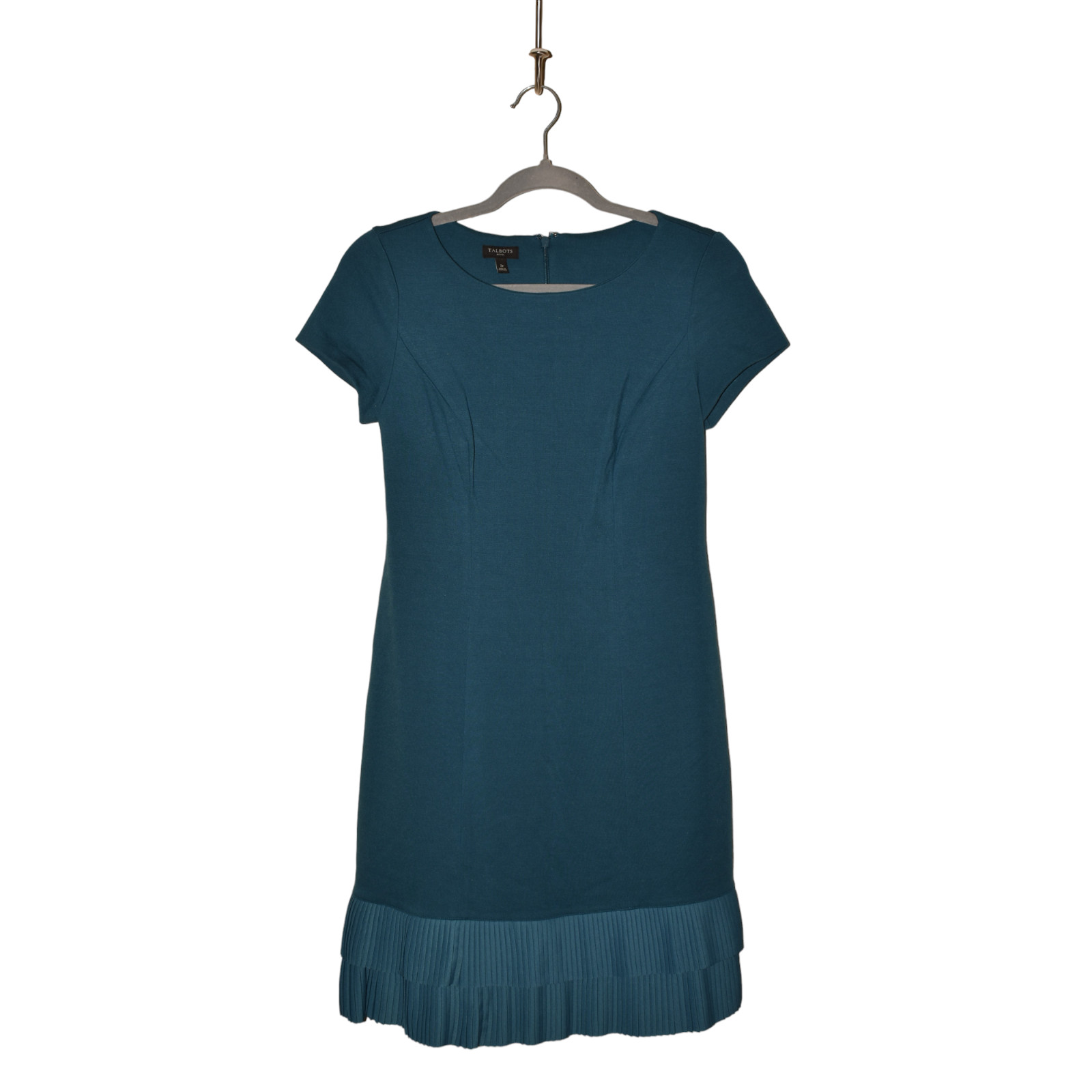 TALBOTS $129 Short Sleeve Ponte Stretch Sheath Dress Tiered Pleated Hem Size 2P