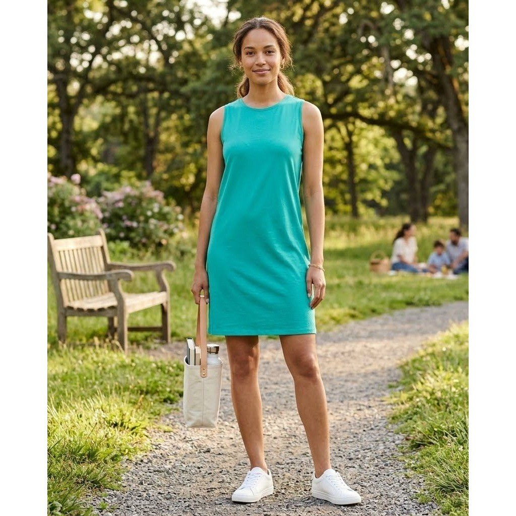 Eileen Fisher Shift Tank Dress Women XL Teal Organic Cotton Sleeveless Knit
