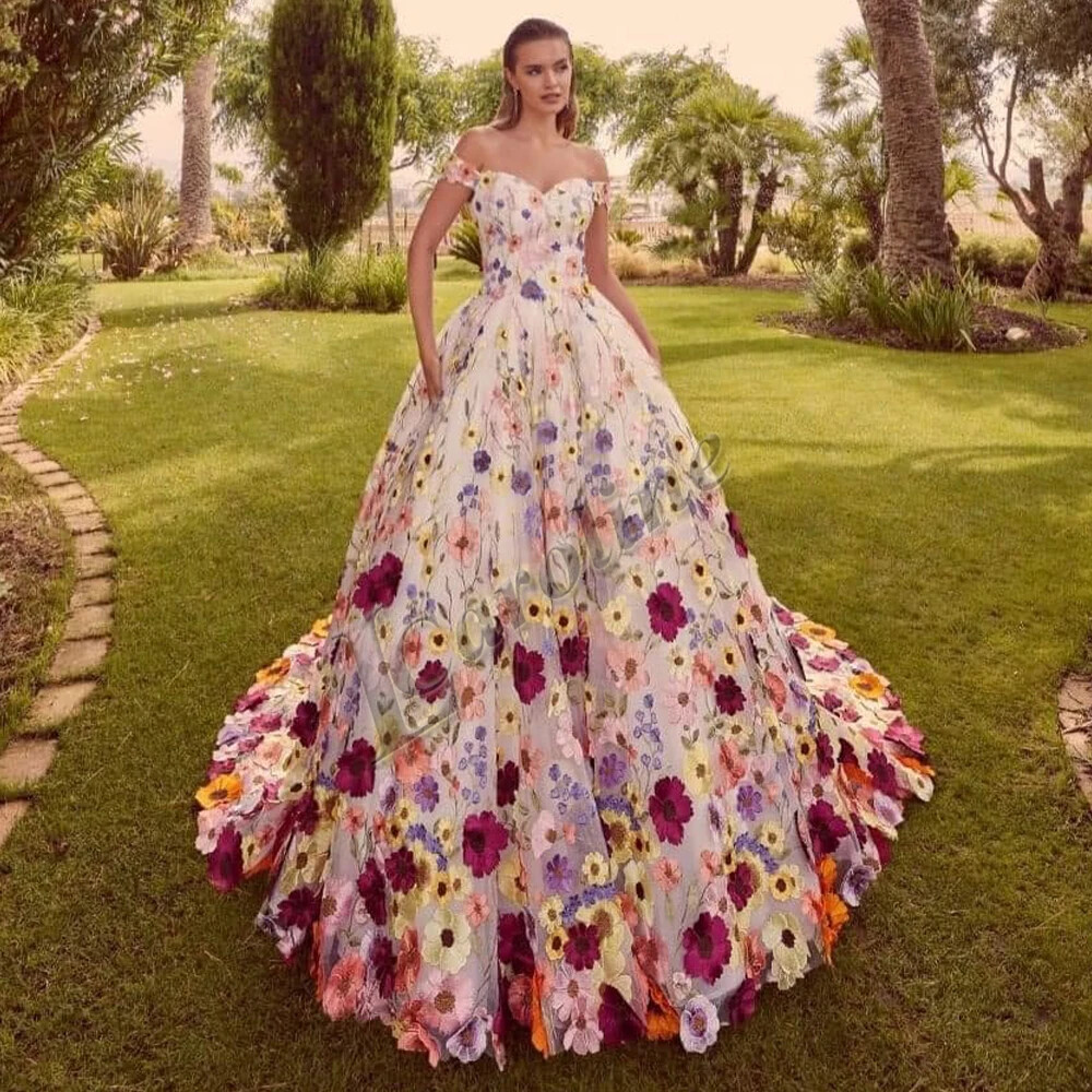 Off Shoulder Colorful 3D Floral Tulle Ball Gown Wedding Dress With Sweep Train