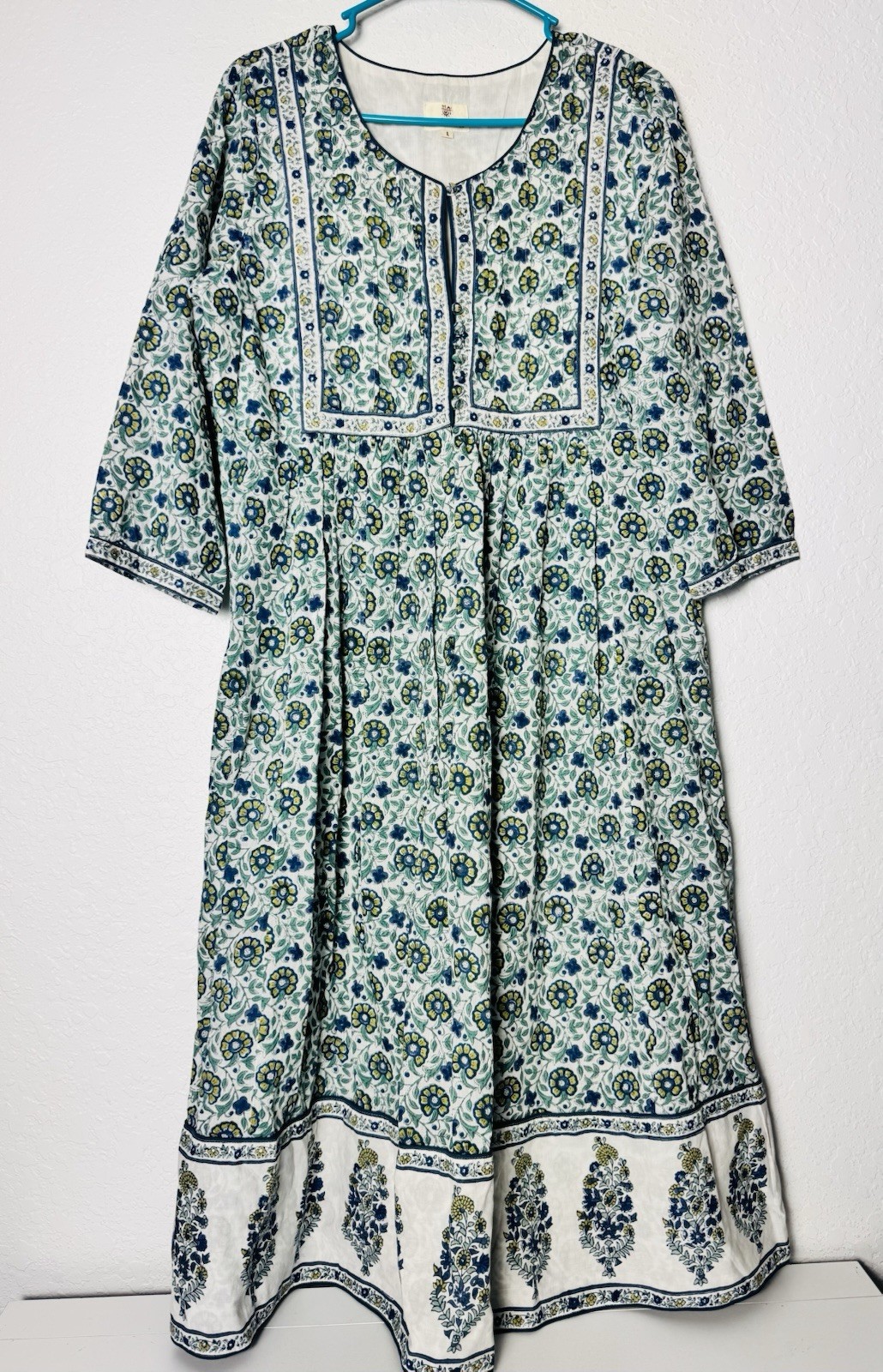 Anokhi Floral Kaftan Dress Size Large Blue Green White Short Sleeve Cotton