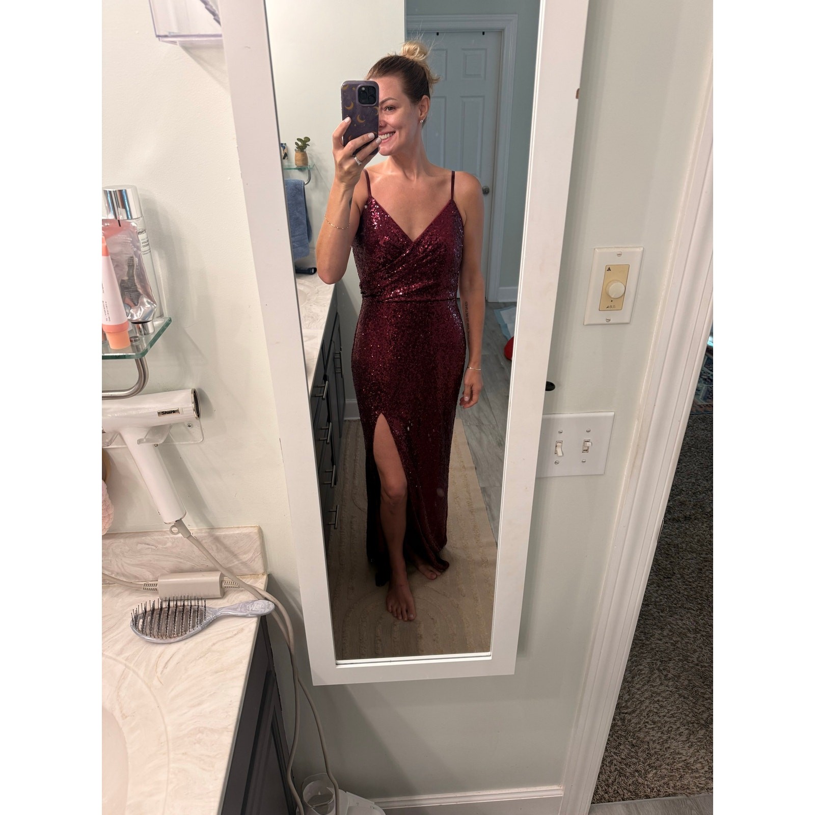 Revelry Rava Sequin Dress Cabernet Size 8 Bridesmaid Formal Maxi Gown Slit
