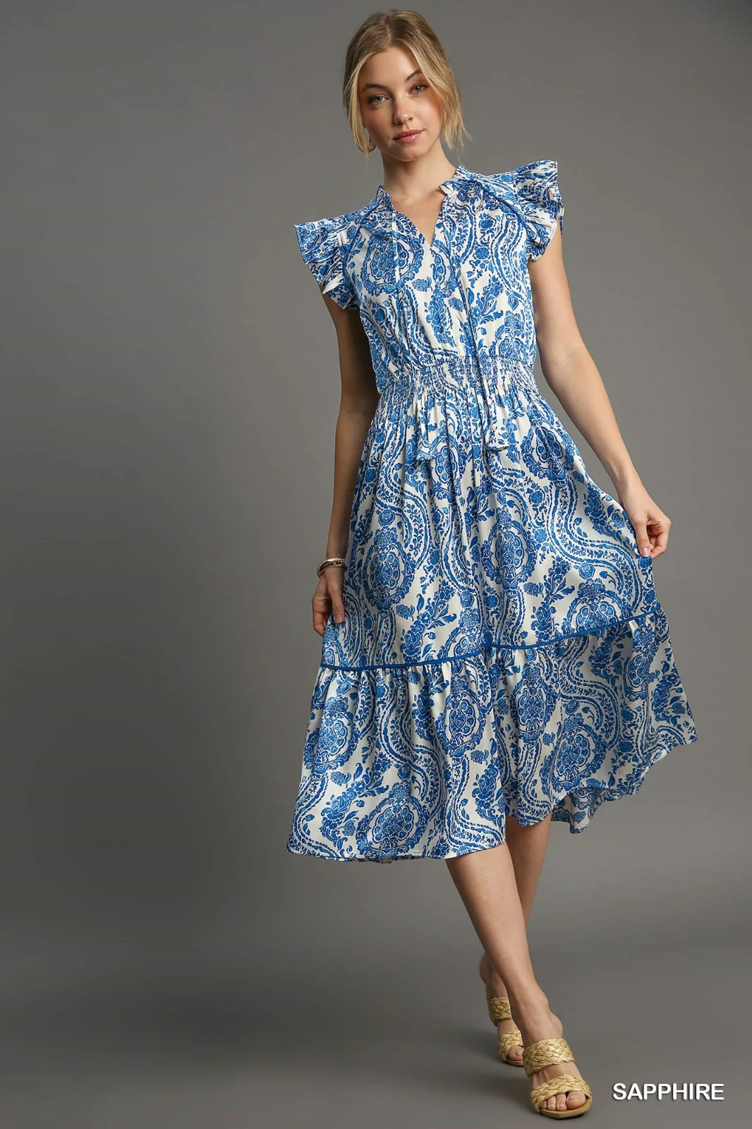Umgee Sapphire Two Tone Paisley Print Midi Dress with Flutter Sleeves