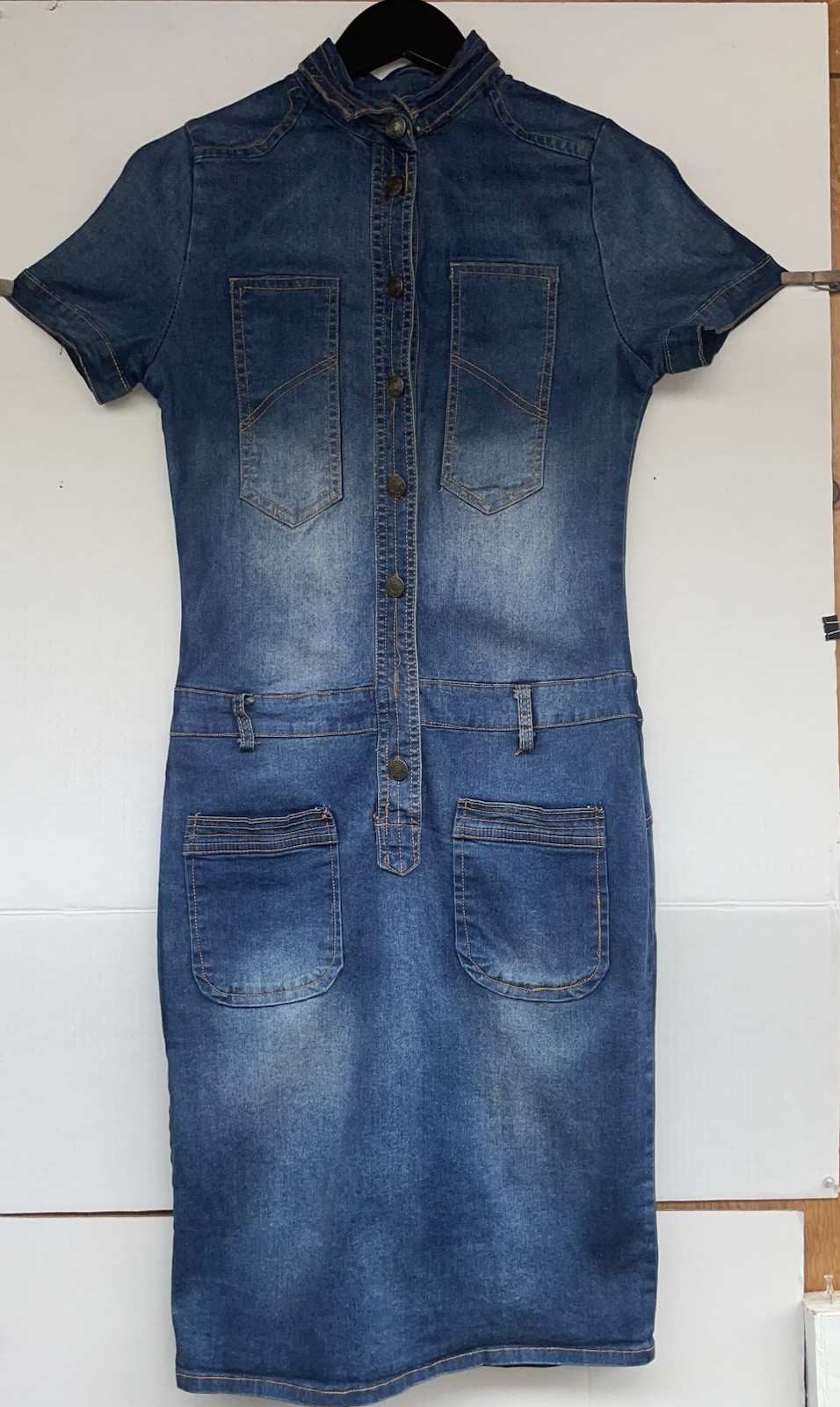 VTG Y2K Blue Denim Shirt Dress SizeM Short Sleeve Button Front Pockets Back Slit
