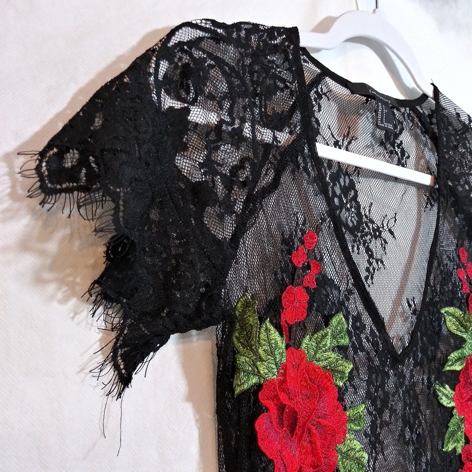 FOREVER 21 Sheer Mesh Midi Dress Whimsigoth Black Lace Pink Floral Applique Sz S