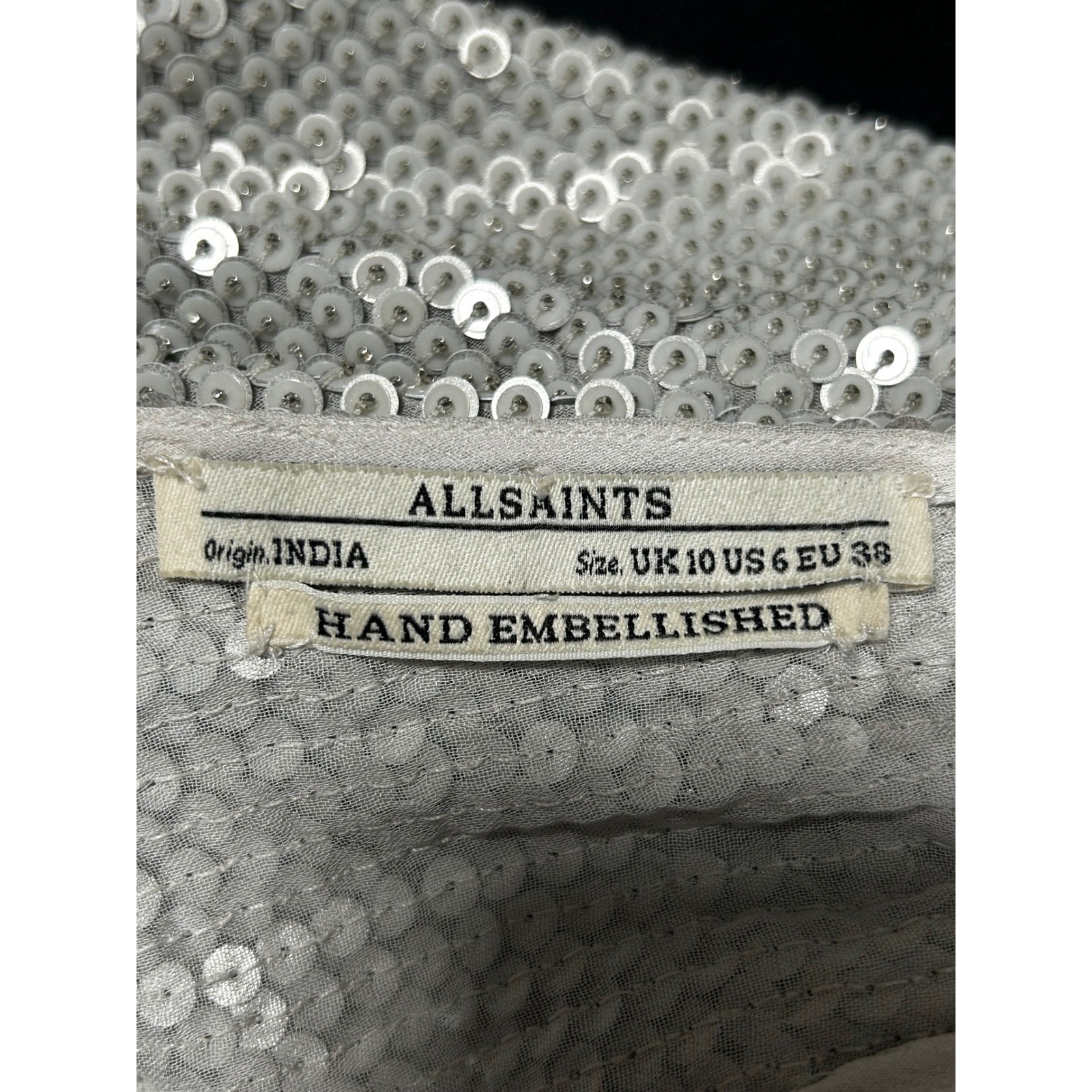 AllSaints Silver Sequin Hand Embellished Sleeveless Shift Dress US 6 UK 10 EU 38