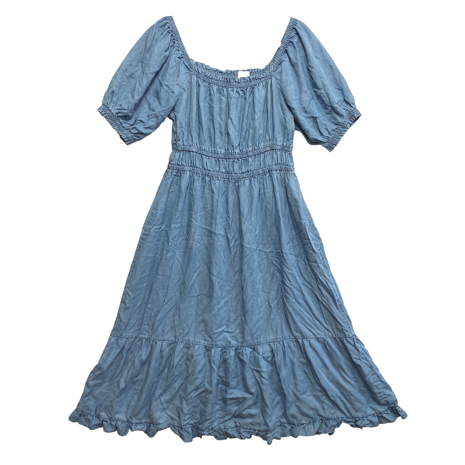 Indigo Rose Midi Dress Womens M Blue Puff Sleeve Smocked Tiered Boho