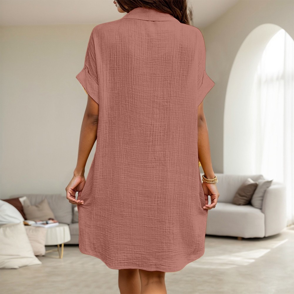 Womens Solid Buttons Down Collar Shirts Dress Ladies Casual Summer Mini Dress US