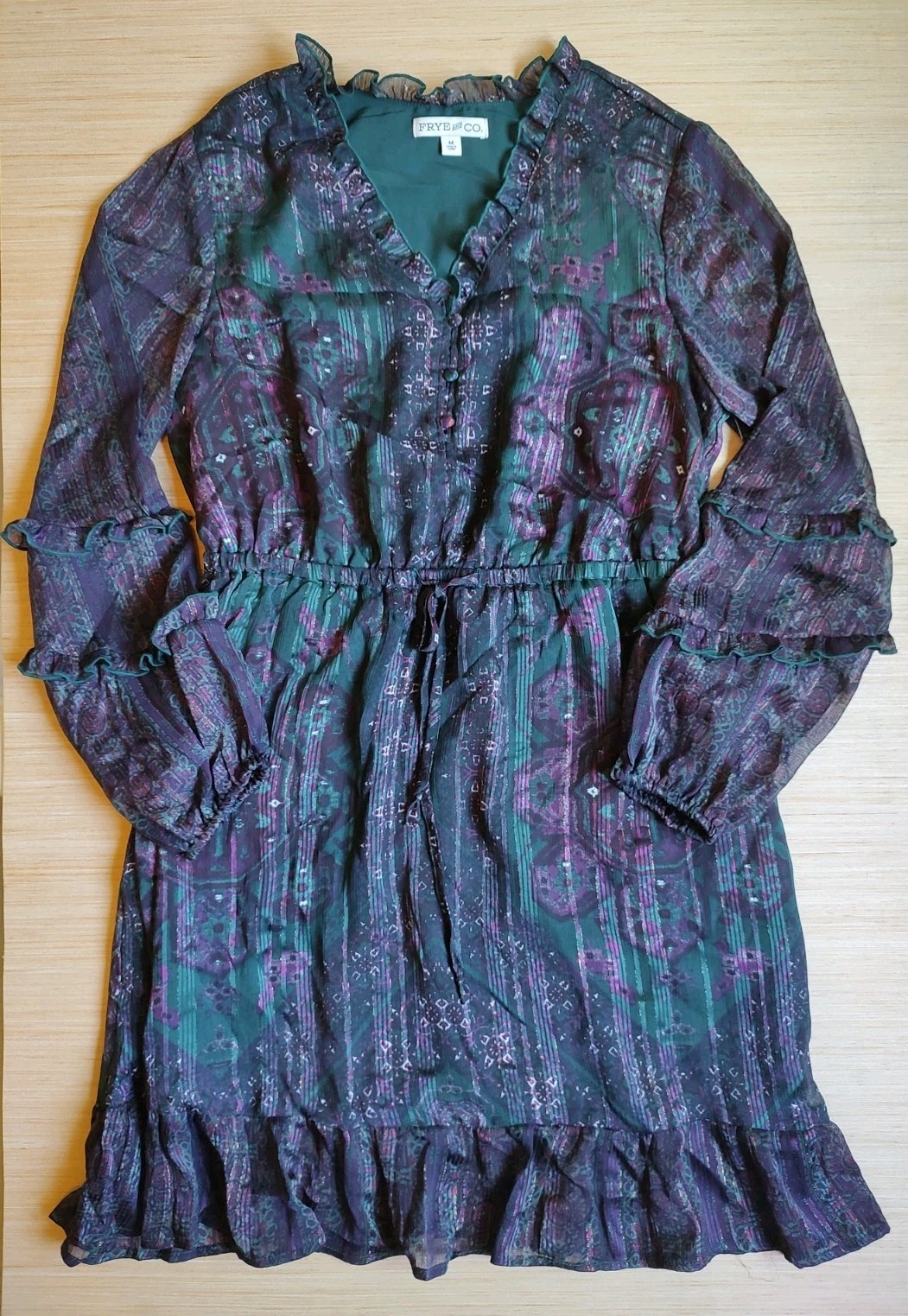 Frye Knee Length Dress Ruffle Buttons Lurex Green Purple Floral Size M Women’s