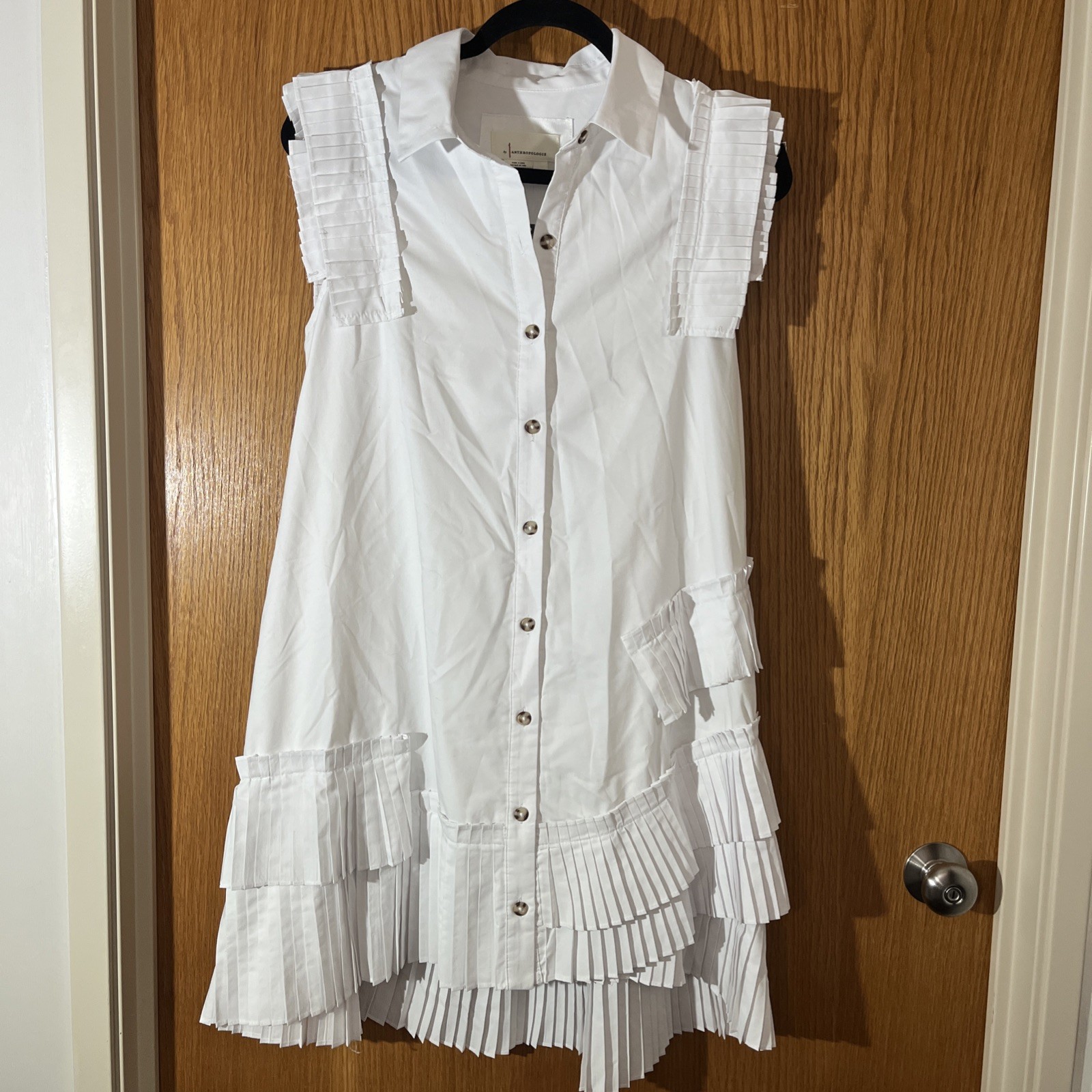 By ANTHROPOLOGIE White Pleated Button Front Ruffle Sleeveless Shirt Dress PS NWT