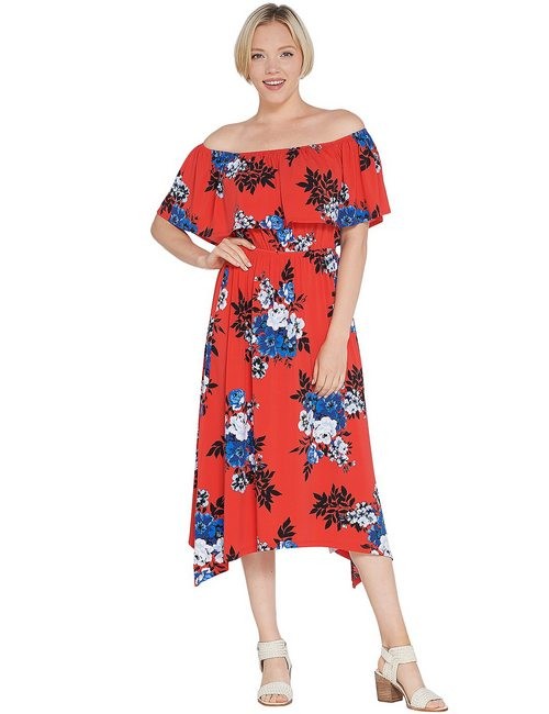 Du Jour Red On Off-the-Shoulder Floral Printed Knit Dress New Sharkbite Hem