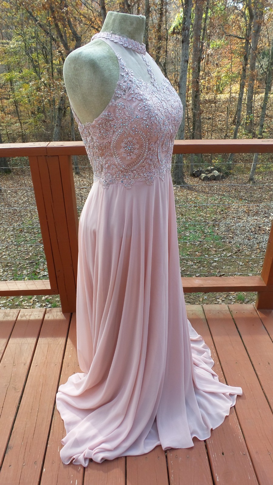 DANCING QUEEN Rose Pink Chiffon Beaded Formal Holiday Party Prom Dress size L