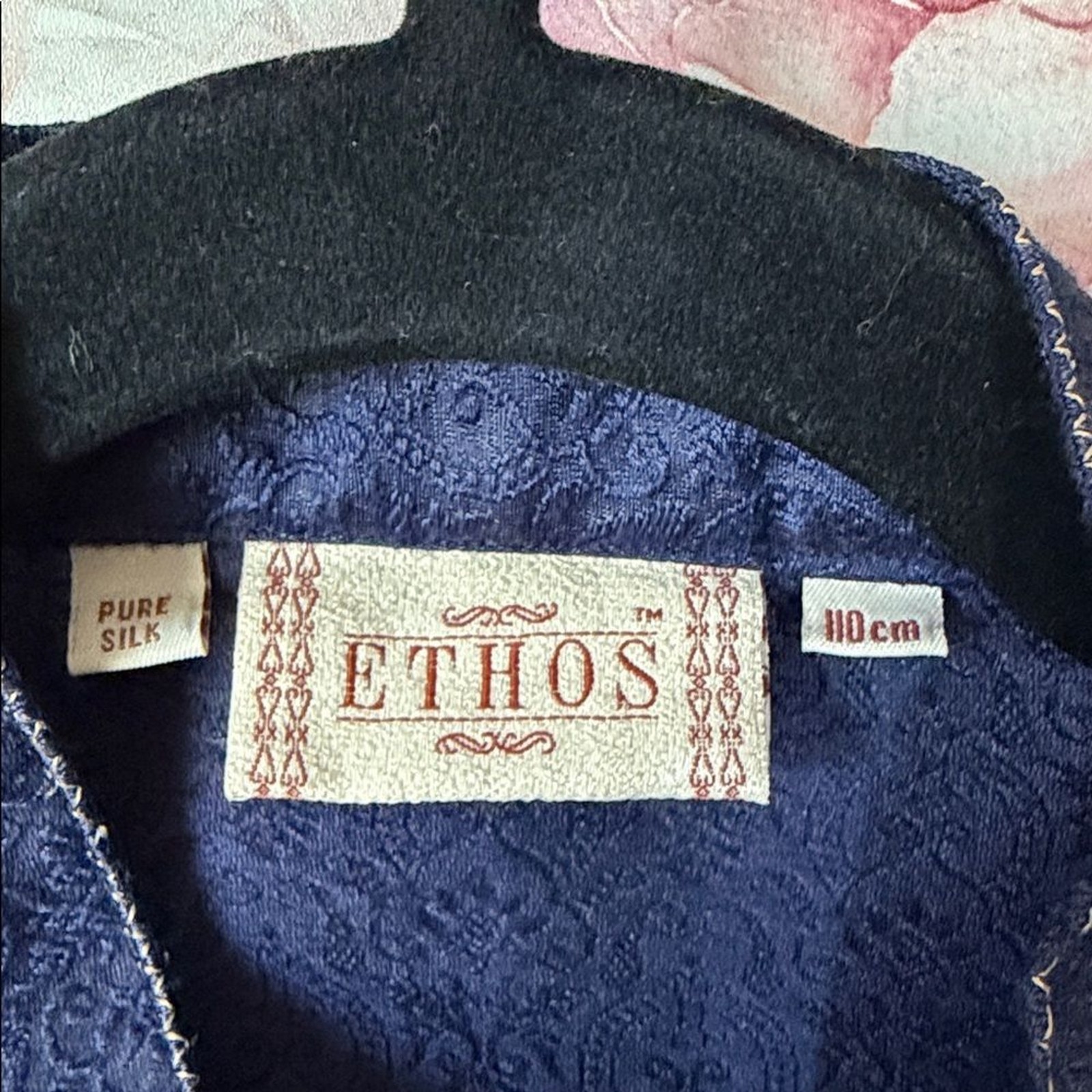 EUC 100% SILK ETHOS Elite Garmets India Caftan Embriodered Damask Navy Blue