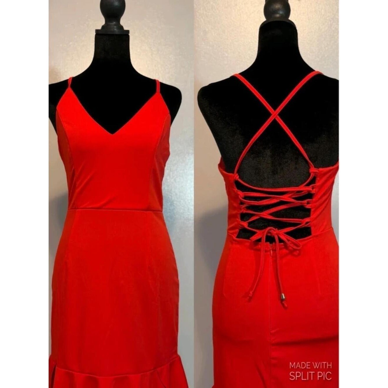 Red Lace Up Back Bodycon Ruffle Hem Spaghetti Strap Mini Cocktail Date Night