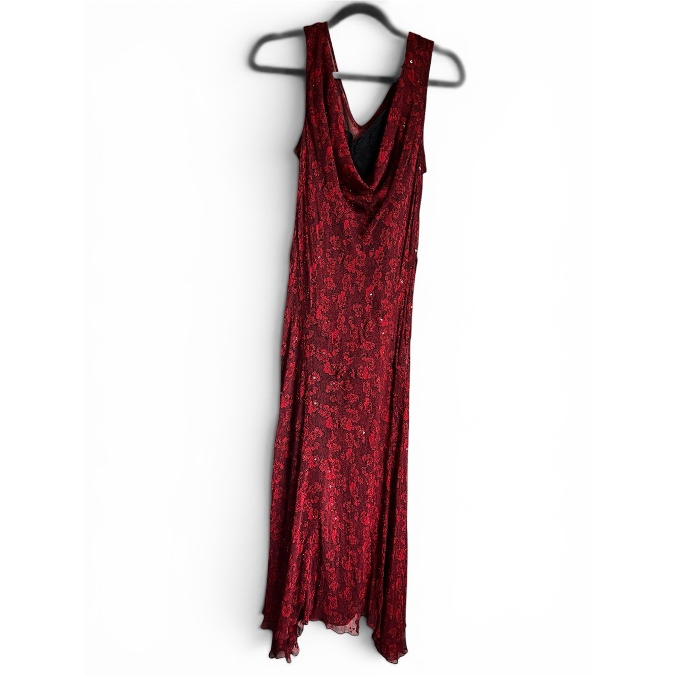 Y2K VTG Whimsigoth Maxi Slip Dress Cowl Floral Fairy Beaded Chiffon Asymmetrical