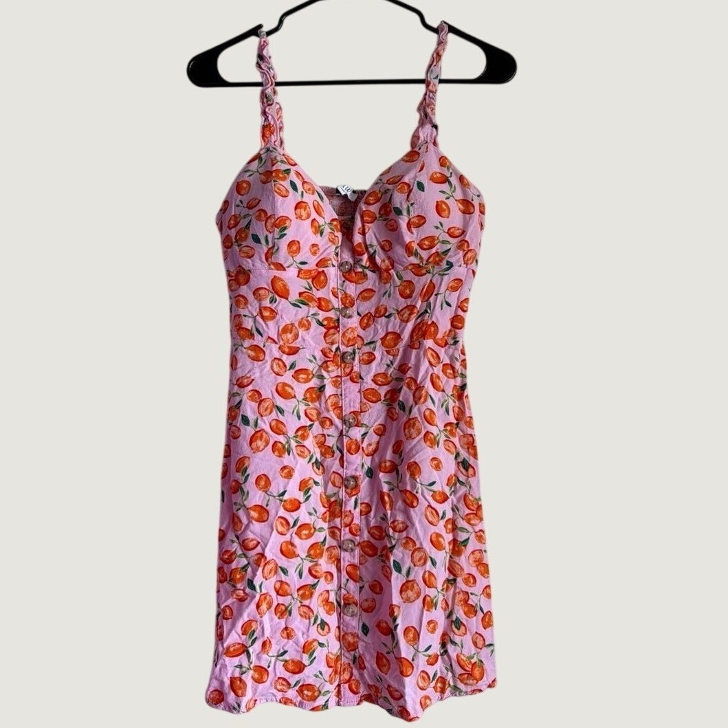 AUW Pink Orange Fruit Print Button Front Mini Dress Smocked Back Large Boho