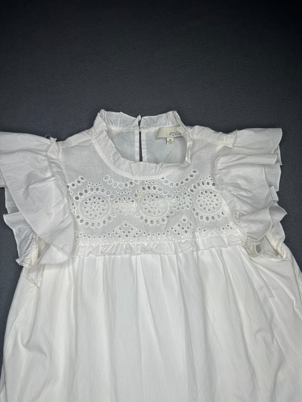 PINCH Womens Medium White Eyelet Embroidered Tiered Mini Dress Flutter Sleeve