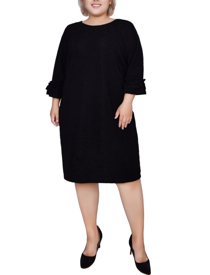 NY Collection Women’s 3/4 Length Sleeve Textured Knit Dress Black Plus Size 3X