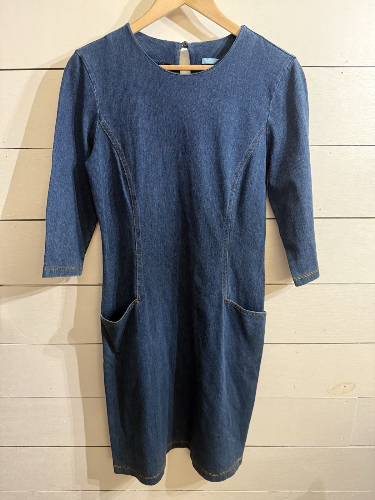 J MCLAUGHLIN CATALYST Women Sz Medium Dark Denim Pocket 3/4 Sleeve Stretch Dress