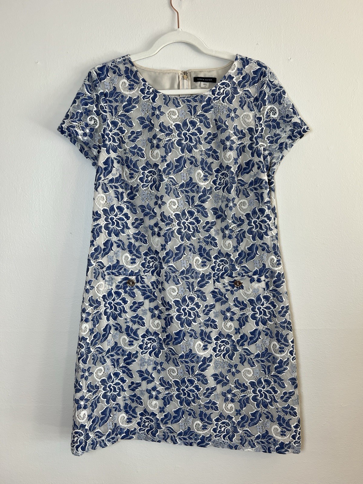 Tommy Hilfiger Dress 12 Blue Ivory Lace Shift Back Zip Lined Front Pockets
