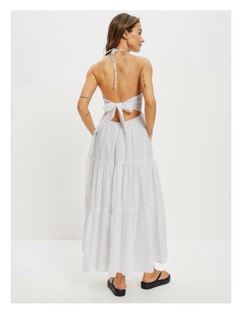 American Eagle White Tiered Midi Cut Out Back Halter Dress Size Small