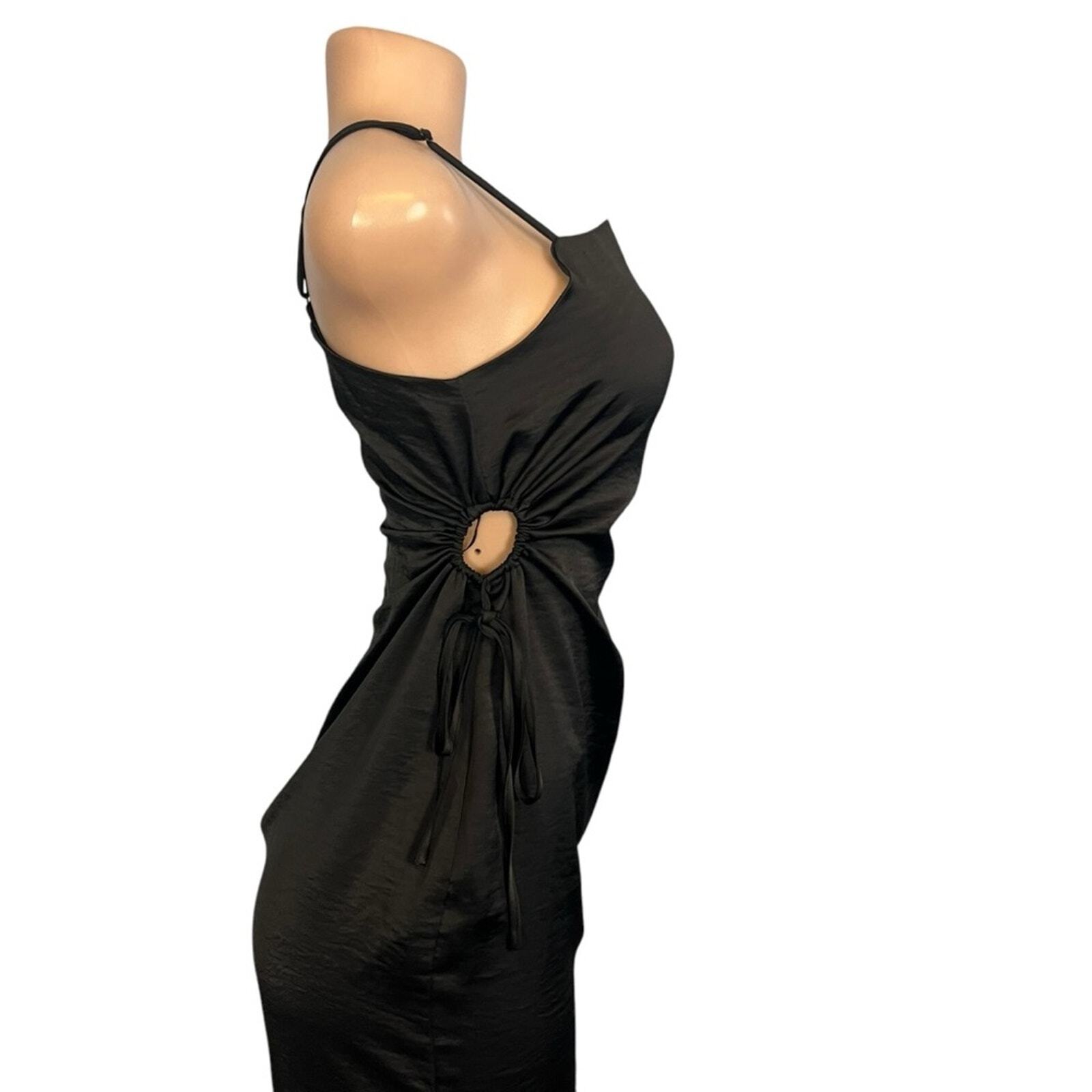 House of Harlow 1960 Solid Black Open Drawstring Sides Satin Mini Dress