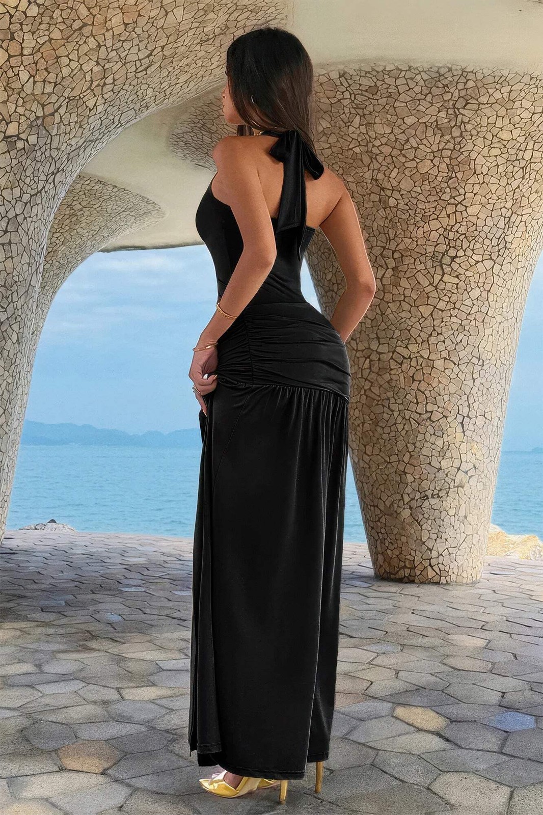 Women’s Black Halter High Slit Ruched Maxi Dress Elegant Evening Formal Gown