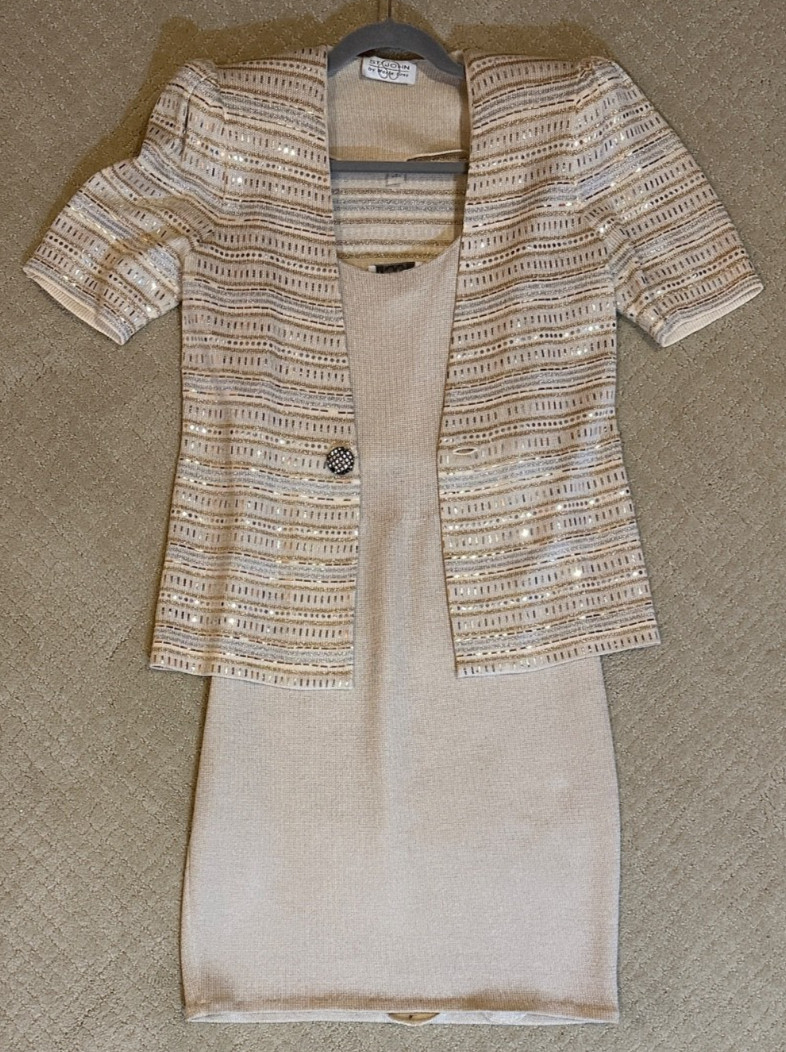 St John Marie Gray Tan Sheath Dress w/ Sparkly Jacket Womens Size 8